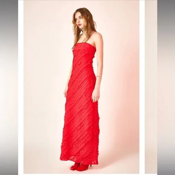 Endless Rose Strapless Ruffled Textured Maxi Dress Red Prom Formal Gown Small - Picture 1 of 5